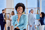 Portrait, mission and mindset with a business black woman in her office, standing on chin for future thinking. Face, vision and idea with a female employee looking confident in company success