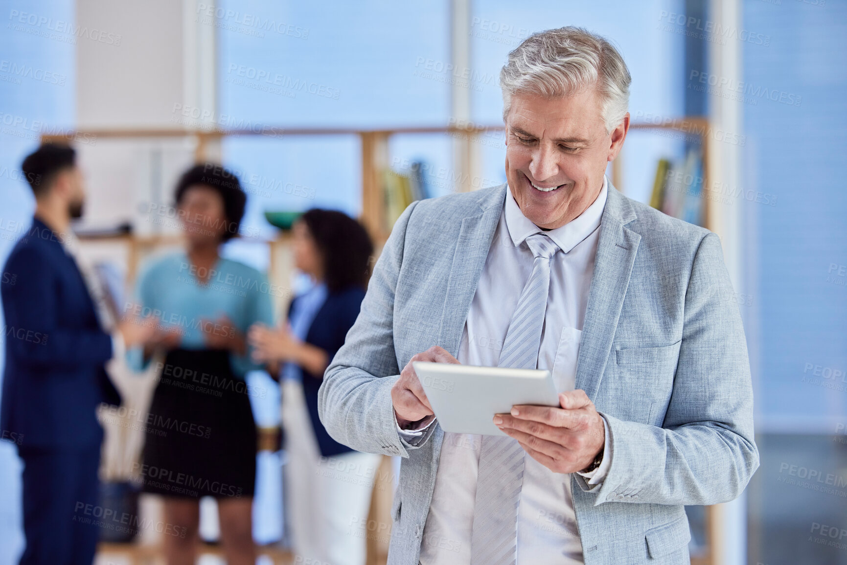 Buy stock photo Senior man on tablet for company management, employee engagement and workflow in corporate office. Business manager or professional person on digital technology for application or career software