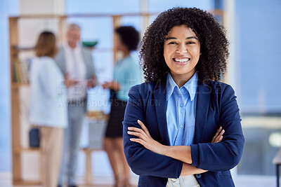 Buy stock photo Proud portrait of business woman in office for workplace, employees or career management in Human Resources. Face of happy corporate or professional biracial person with hr mindset and integrity