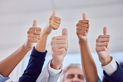 Buy stock photo Business people, hands and thumbs up in agreement for success, good job or collaboration at office. Hand of group showing thumb emoji, yes sign or like for teamwork, win or solidarity at workplace