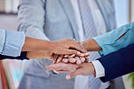 Support, motivation and hands of business people stacked for teamwork, team building and trust. Collaboration, mission and employees showing solidarity, community and connection in the workplace