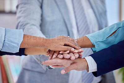 Buy stock photo Support, motivation and hands of business people stacked for teamwork, team building and trust. Collaboration, mission and employees showing solidarity, community and connection in the workplace
