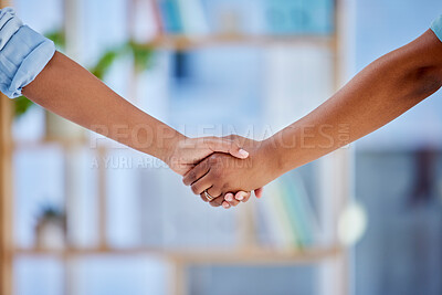 Buy stock photo Hands, welcome and handshake closeup by business people in office for interview, meeting or recruitment. Zoom, b2b and women with shaking hands emoji for crm, consulting or integration partnership