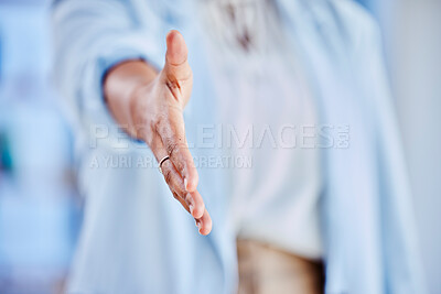Buy stock photo Welcome, hands and handshake closeup by hr woman in office for interview, business meeting or recruitment. Zoom, b2b and female with shaking hands emoji for crm, consulting or integration partnership