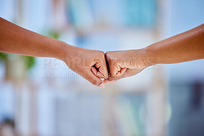 Buy stock photo Mission, hands or business people fist bump for partnership or motivation in office meeting together. Black people, teamwork zoom or employees with strategy or group support for startup project goals