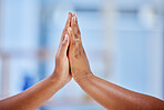 High five, teamwork and business people hands in support of collaboration, unity and goal on blurred background. Partnership, hand and connect by women for synergy, integration or mission motivation 