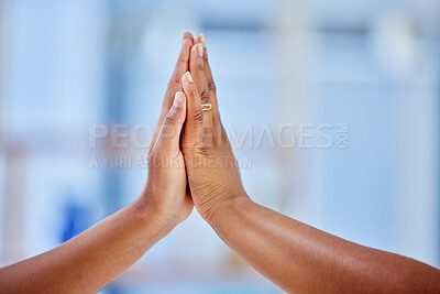 Buy stock photo High five, teamwork and business people hands in support of collaboration, unity and goal on blurred background. Partnership, hand and connect by women for synergy, integration or mission motivation 