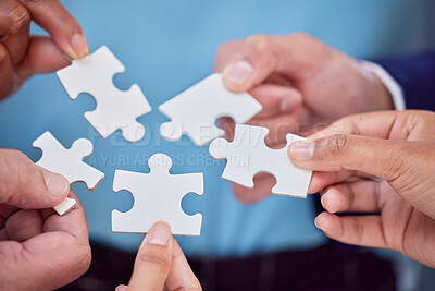 Buy stock photo Hands, puzzle and team closeup of collaboration, creative and partnership, unity and cooperation. Zoom, hand and jigsaw formula by business people with synergy, teamwork and integration or strategy