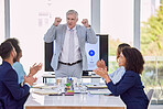 Senior businessman, presentation and meeting with applause for coaching, training staff or planning at office. Mature CEO man in leadership with employees clapping in teamwork for corporate strategy