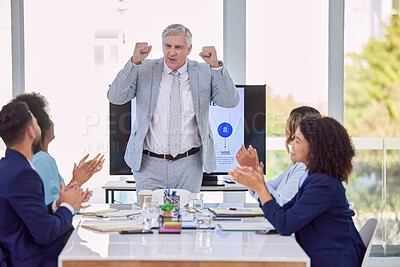 Buy stock photo Senior businessman, presentation and meeting with applause for coaching, training staff or planning at office. Mature CEO man in leadership with employees clapping in teamwork for corporate strategy
