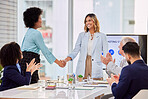Applause, business people and handshake in office for thank you, welcome or hiring in office. Team, collaboration and women shaking hands for integration, synergy or deal, partnership and promotion 
