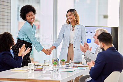 Buy stock photo Business people, applause and handshake in office for thank you, welcome or hiring in office. Team, collaboration and women shaking hands for integration, synergy or deal, partnership and promotion 