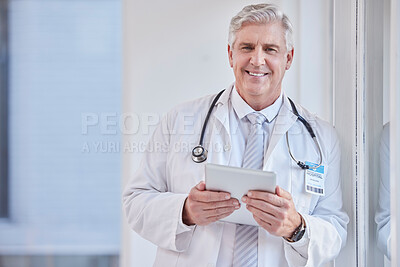Buy stock photo Portrait, man and doctor with tablet, healthcare and career with success, connection and research in hospital. Face, mature male and medical professional with technology, online reading and diagnosis