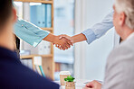 Business people, handshake and partnership for meeting, greeting or introduction at the office. Employees shaking hands in collaboration for teamwork, b2b or support in trust or deal at the workplace