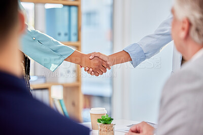 Buy stock photo Business people, handshake and partnership for meeting, greeting or introduction at the office. Employees shaking hands in collaboration for teamwork, b2b or support in trust or deal at the workplace