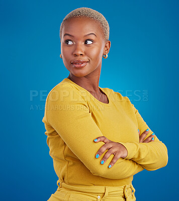 Buy stock photo Proud profile of a black woman isolated on a blue background with confidence and creative mindset. Young african female or model with empowerment, fashion and beauty ideas in studio