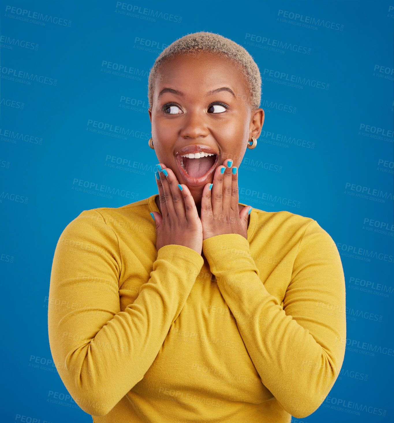 Buy stock photo Black woman, happy and surprise face in studio for fashion, youth or notification by blue background. Young african girl, model or happiness with excited wow, announcement or deal with hands by mouth