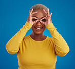 Black woman, ok hands and eyes in studio portrait for comic  funny face with smile, fashion and happy. Student girl, model and hand gesture on face with happiness, youth and beauty by backdrop