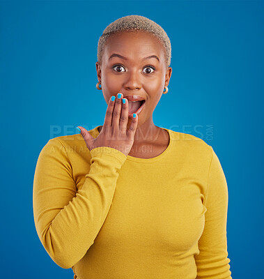Buy stock photo Shocked, surprise and portrait of black woman in studio for good news, announcement and wow. Secret, rumor and gossip with female isolated on blue background for amazing, satisfaction and deal