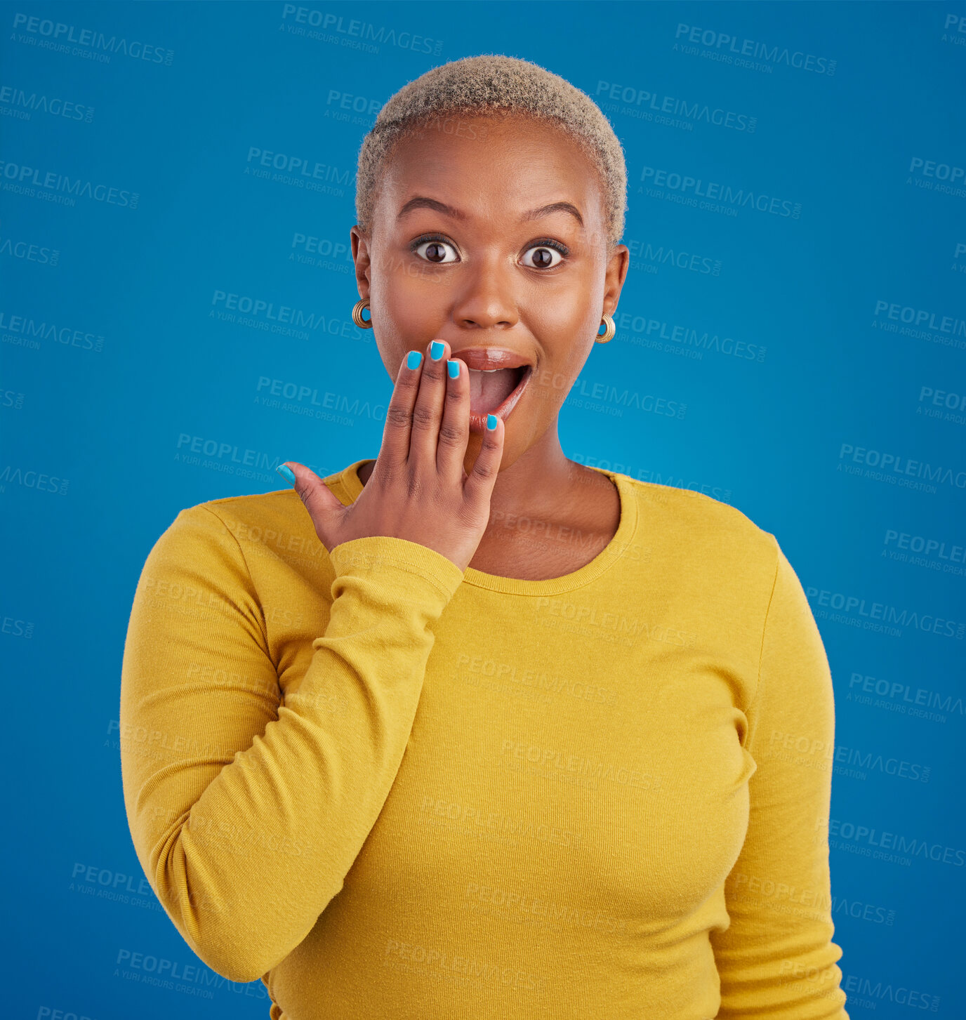 Buy stock photo Shocked, surprise and portrait of black woman in studio for good news, announcement and wow. Secret, rumor and gossip with female isolated on blue background for amazing, satisfaction and deal
