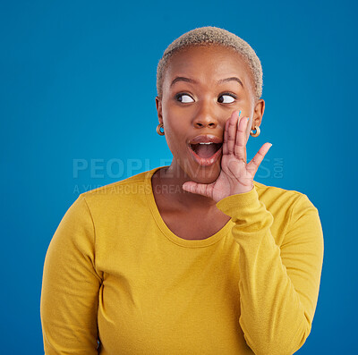 Buy stock photo Black woman, gossip and wow secret in studio with hand on face for sale announcement. African female model on a blue background to whisper message, news information or rumor  about discount mockup