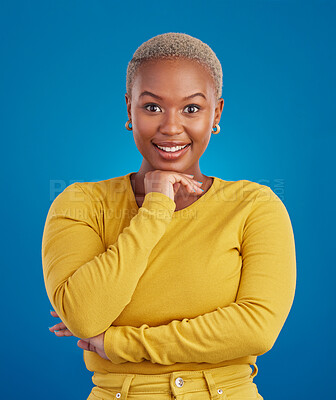 Buy stock photo Happy, smile and portrait of black woman with confidence, happiness and empowerment in studio. Yellow fashion, beauty and girl model on blue background with pride, positive mindset and motivation