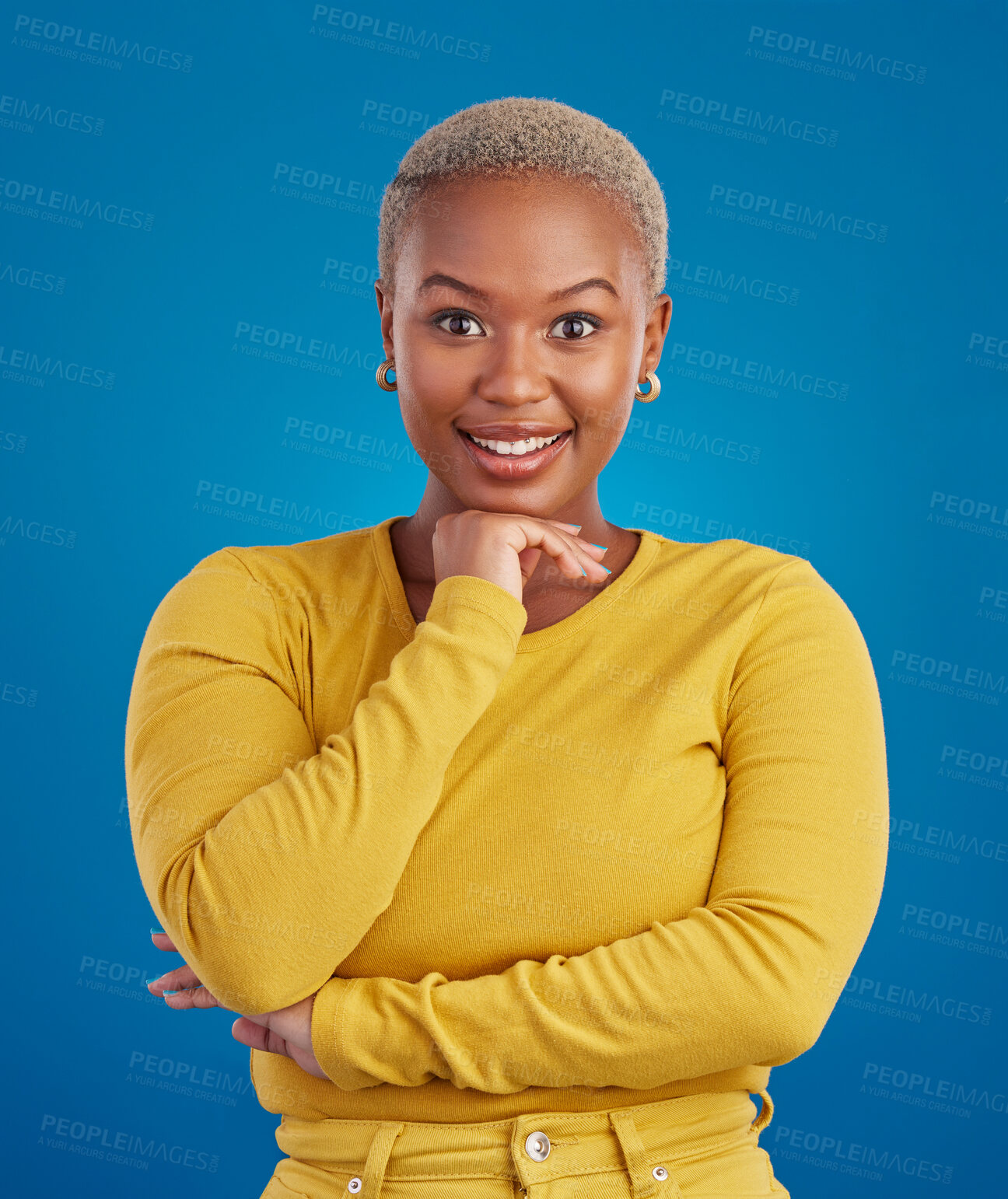 Buy stock photo Happy, smile and portrait of black woman with confidence, happiness and empowerment in studio. Yellow fashion, beauty and girl model on blue background with pride, positive mindset and motivation