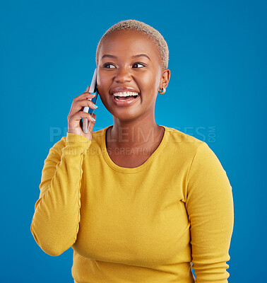 Buy stock photo Phone call, connection and black woman talking in studio for social networking, contact and conversation. Communication mockup, smartphone and girl speaking, smile and chat online on blue background