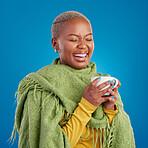 Black woman, coffee and happy in studio for drink, laughing and energy from latte to start morning. Girl, tea and comic time with cappuccino, espresso or matcha with comfortable fashion for lifestyle