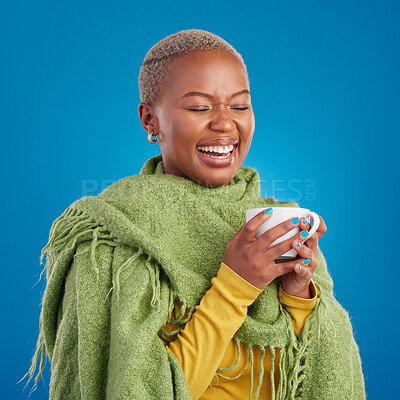 Buy stock photo Black woman, coffee and happy in studio for drink, laughing and energy from latte to start morning. Girl, tea and comic time with cappuccino, espresso or matcha with comfortable fashion for lifestyle