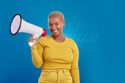 Buy stock photo Black woman, megaphone and portrait, protest and voice, freedom of speech and activism on blue background. Female smile, broadcast and speak out, rally and mockup, loudspeaker with opinion in studio