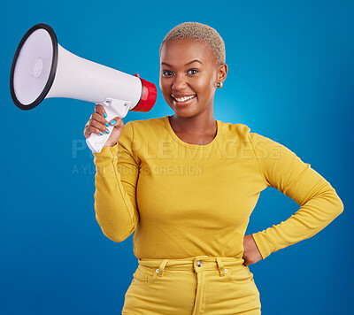 Buy stock photo Black woman, megaphone and smile, portrait and voice, freedom of speech and activism on blue background. Happy female, broadcast and speak out, rally and protest, loudspeaker with opinion in studio