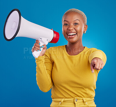 Buy stock photo Black woman, megaphone and pointing, protest and voice, freedom of speech and activism on blue background. Happy female, broadcast and speak out, rally and portrait, loudspeaker and opinion in studio