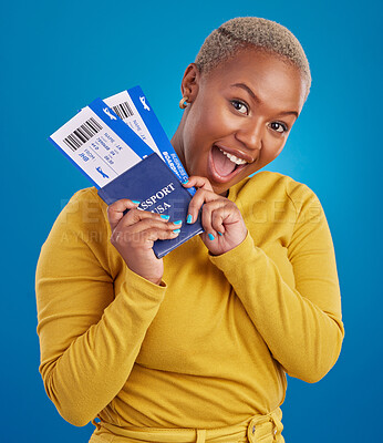 Buy stock photo travel passport, excited and portrait of black woman in studio with flight documents, tickets and boarding ID. Traveling mockup, happy and girl celebrate immigration, USA holiday and global vacation