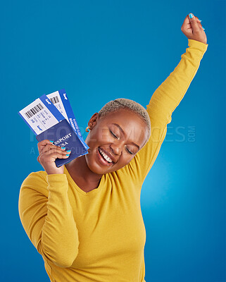 Buy stock photo Excited, travel passport and black woman in studio on blue background with flight documents, tickets and ID. Traveling mockup, happy and girl celebrate immigration, holiday and international vacation