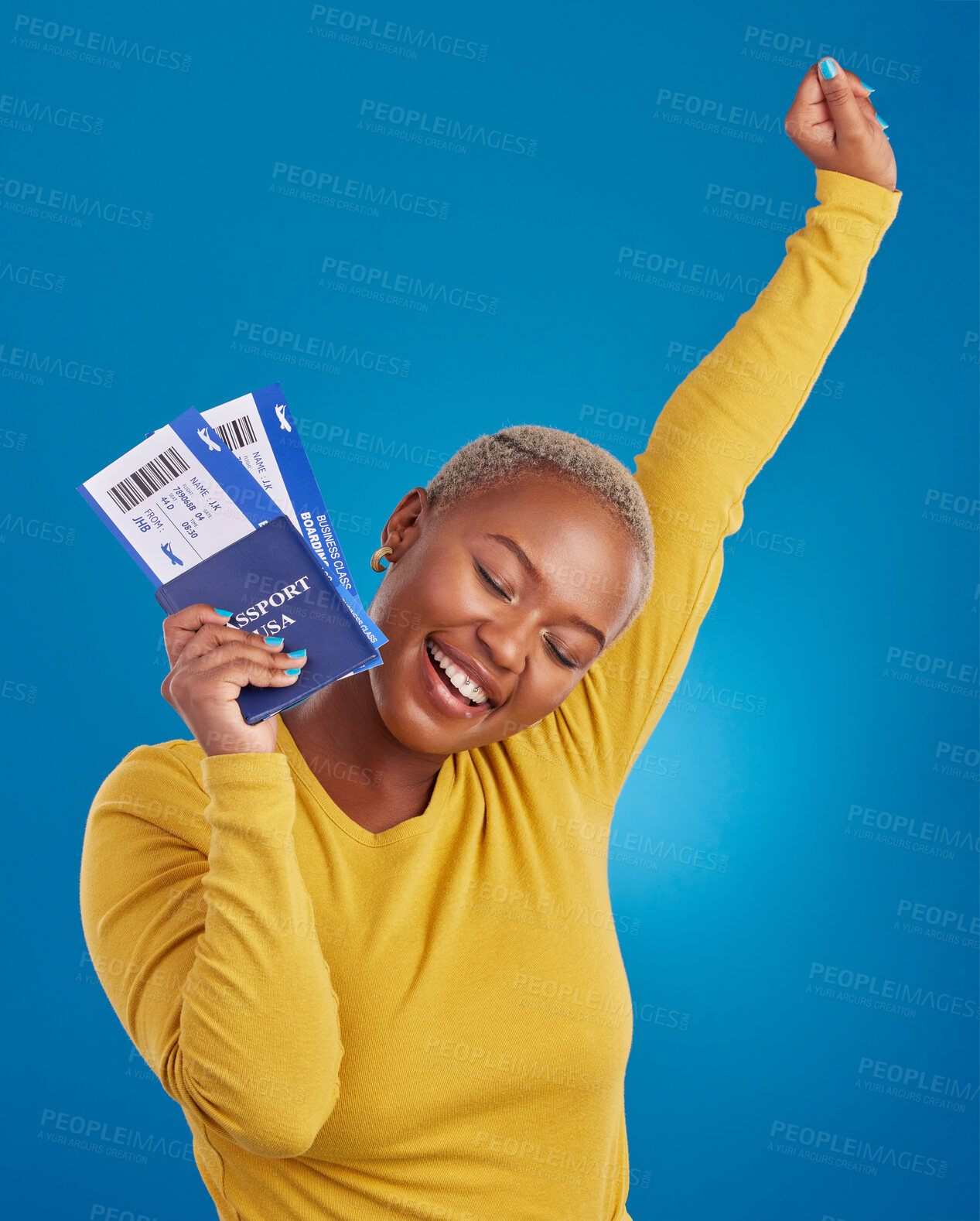 Buy stock photo Excited, travel passport and black woman in studio on blue background with flight documents, tickets and ID. Traveling mockup, happy and girl celebrate immigration, holiday and international vacation