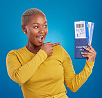 Travel passport, happy and black woman point in studio on blue background with flight documents, tickets and ID. Traveling mockup, tourism and girl for immigration, USA holiday and global vacation