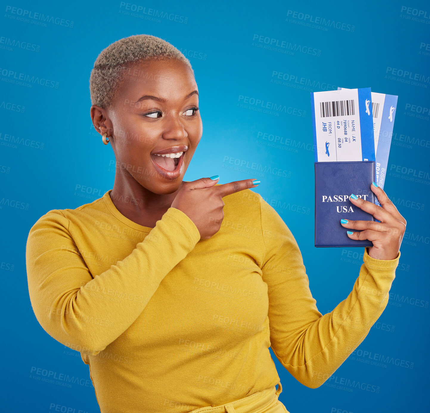 Buy stock photo Travel passport, happy and black woman point in studio on blue background with flight documents, tickets and ID. Traveling mockup, tourism and girl for immigration, USA holiday and global vacation