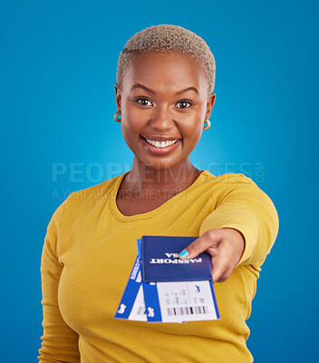 Buy stock photo Giving, travel passport and portrait of black woman in studio with flight documents, tickets and boarding ID. Traveling agency, smile and girl for immigration, opportunity and international vacation