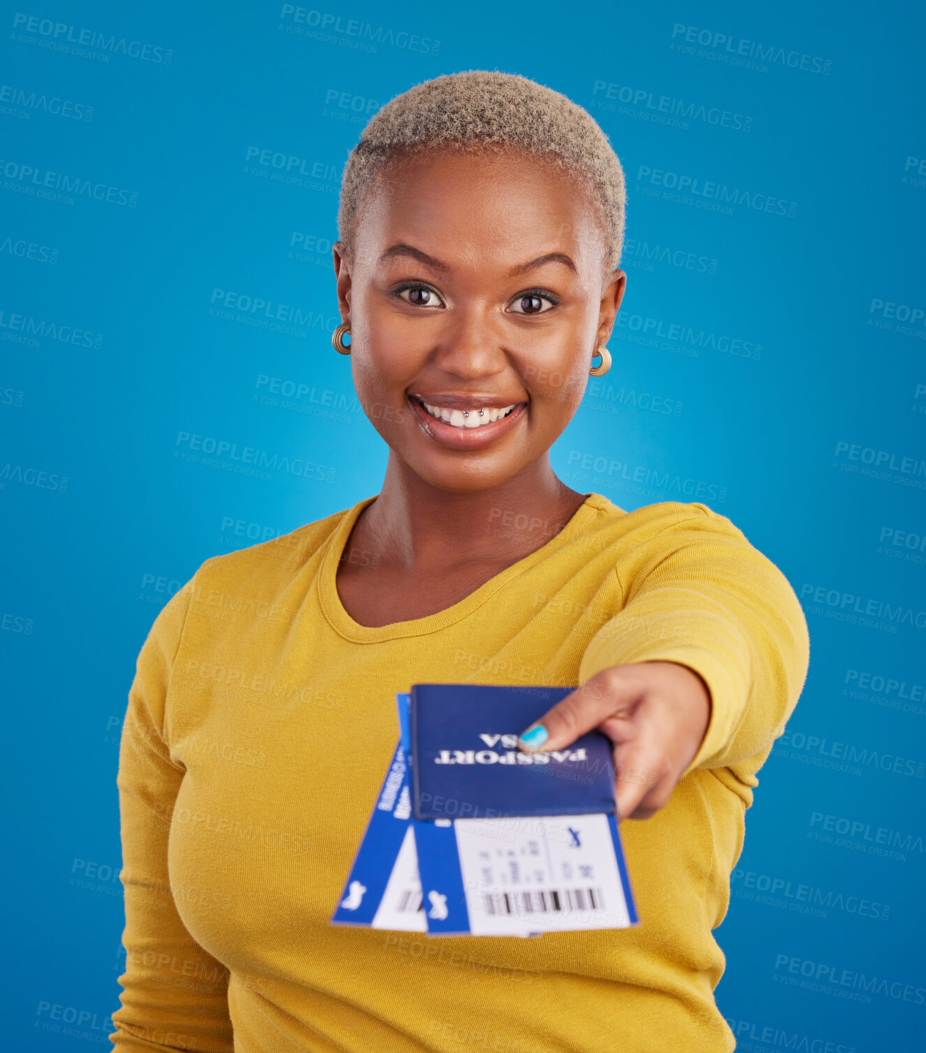 Buy stock photo Giving, travel passport and portrait of black woman in studio with flight documents, tickets and boarding ID. Traveling agency, smile and girl for immigration, opportunity and international vacation