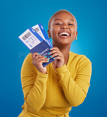Buy stock photo Portrait, passport and black woman with tickets smile in studio with flight, boarding documents and ID. Traveling mockup, happy and girl celebrate immigration, USA holiday and international vacation