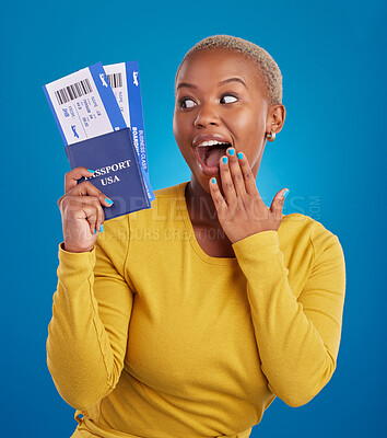 Buy stock photo Surprise, travel passport and black woman in studio on blue background with flight documents, tickets and ID. Traveling mockup, happy and girl celebrate immigration, USA holiday and global vacation
