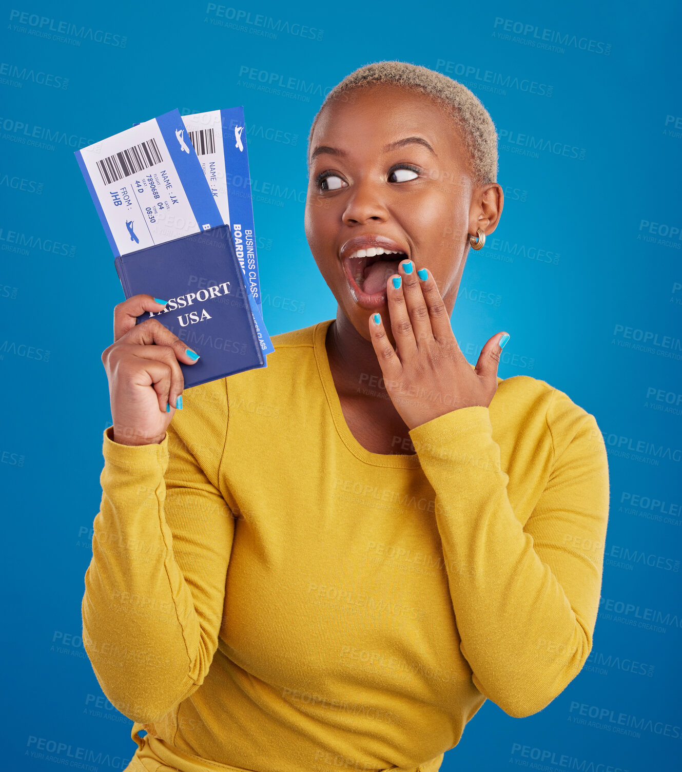 Buy stock photo Surprise, travel passport and black woman in studio on blue background with flight documents, tickets and ID. Traveling mockup, happy and girl celebrate immigration, USA holiday and global vacation