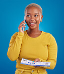 Phone call, travel tickets and black woman in studio with flight documents, tickets and passport. Traveling agency mockup, online booking and girl smile for immigration, holiday and global vacation