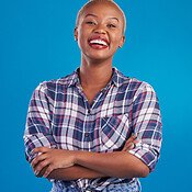 Smile, crossed arms and portrait of black woman with happy mindset ...