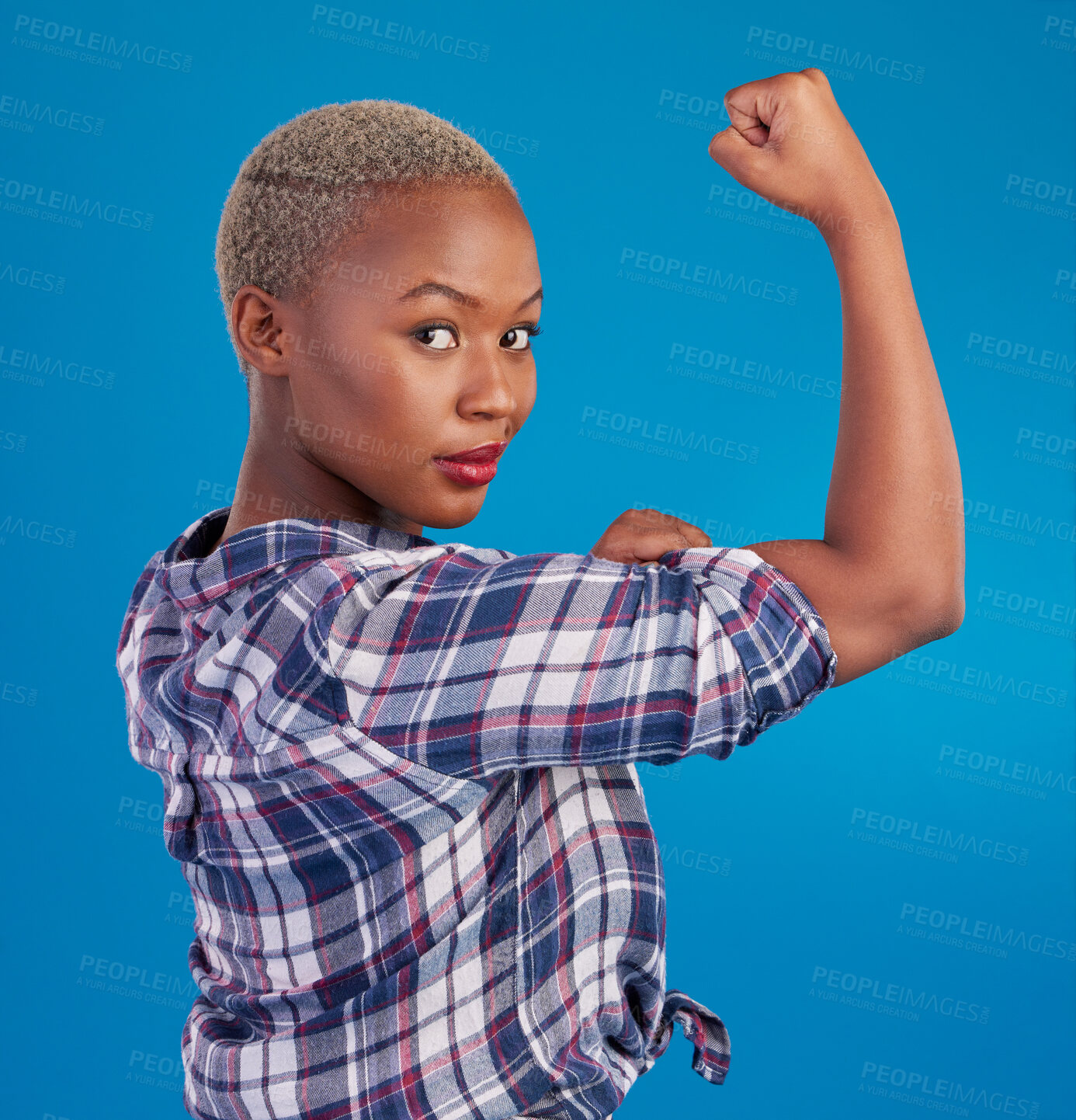 Buy stock photo Portrait, black woman and flex arms on blue background, studio and backdrop of freedom, empowerment or pride. Female model, bicep and girl power in fight of gender equality, strong muscle or feminism