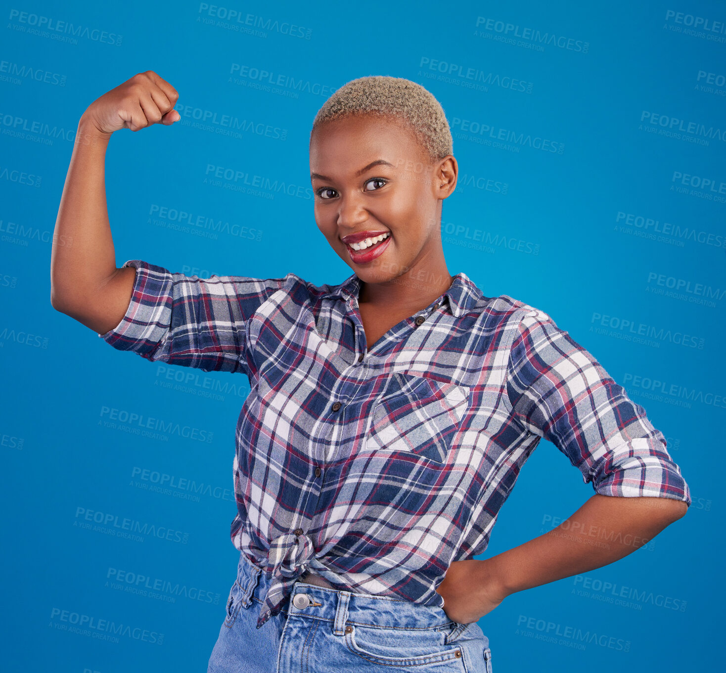 Buy stock photo Muscle, arm flex and portrait of black woman in studio for empowerment, confident and success. Achievement, hard work and pride with female isolated on blue background for power, strong or motivation
