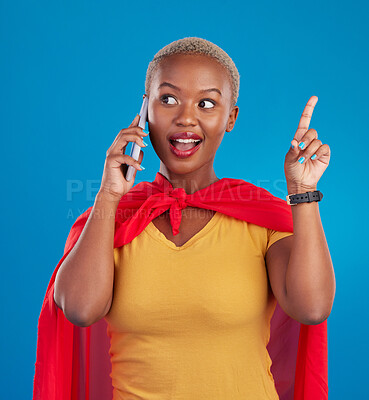 Buy stock photo Woman, phone call and superhero for talk by background in studio for idea, happy or customer service. Young african girl, model and super hero cape with chat, consulting or communication for advice
