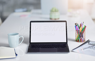 Buy stock photo Mockup, white screen or office laptop with advertising space, digital marketing mock up or product placement. Administration, software system or business tech for UX web design, SEO or online website