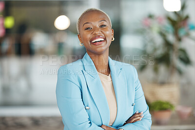 Buy stock photo Agency, office portrait and happy black woman, business leader or worker confident for startup company mission. Management, corporate person and African female, bank admin or professional consultant